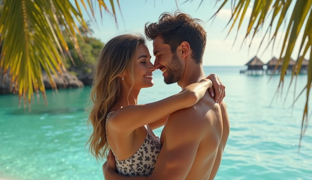 selfie of a brunette woman, medium wavy hair, sculptural body, beautiful smile on your face, and in a bikini kissing a boy.very handsome muscular, curly hair,  at beach, with dark glasses, No blouse, only in shorts, with tattooed arms