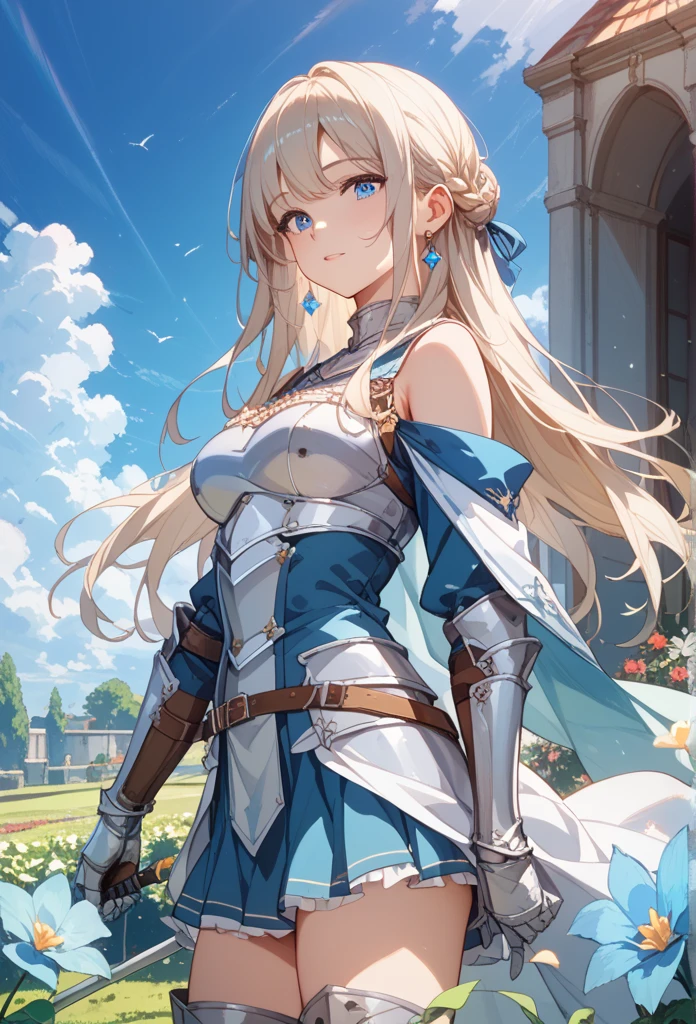 #Basic setting One girl, A girl is posing for a photo, pretty girl, Enchanting girl, Beautiful Anime Girls, (Very young girl,low length,5 years old), 

#Clothing Accessories 
(Full Plate Armor : (Yellow on Blue)Quinceanera(Long skirt dress):1.6 + Very thick fabric:1.6 + (Blue and white)Breastplate decorated with red gemstones:1.6), (Black Gauntlet:1.4, Black cape with shoulder pads:1.4), 
((fancy silver bracelet, Large silver necklace, Black Veil:1.4)), 
BREAK 

#Hairstyle 
((Sky Blue Hair, Bangs that expose the forehead:1.4, ponytail : Long Hair + Curly hair + Curled + Plump and very voluminous + Very thick hair + Big black ribbon), (blue eyes)), 
BREAK 

#environment 
((Very small breasts)), 
BREAK 
((smile)), 
((noon, Sunshine + Fantasy world castle:1.4, Walking)), 
BREAK 
((Face the camera:1.4, fullbody:1.4)), 
BREAK 

#Parts Settings 
(Beautiful Hair, Shiny Hair, Shiny Hair)), 
(Double eyelids, Long eyelashes), 
(Expression of fine eyes, Beautiful and delicate eyes, Sparkling eyes, Eye Reflexes), 
(Beautiful Nose,Thin Nose), 
(Glossy Lips, Beautiful Lips, thick lips), 
(Symmetrical facial features, Perfect Face), (Beautiful breasts), (Detailed skin, Oily skin, Textured skin, Glowing Beautiful Skin), 
BREAK 

#quality 
((Ultra-high resolution)), (((masterpiece))), (((最高quality))), ((8K)), (Attention to detail), (Beautiful sparkle), (High detail), (Anatomically correct)), 
((Realistic)), ((The best CG)), Highly detailed art, CG illustration, ((Line art)), 

