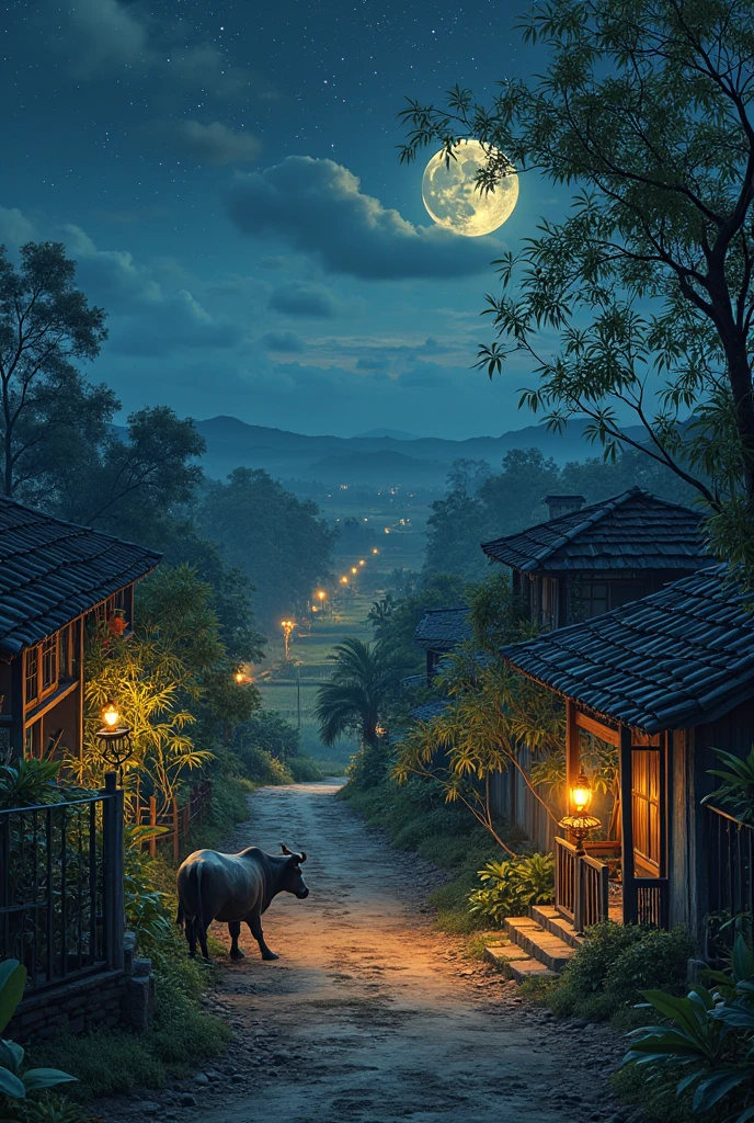 masterpiece, ultra highres, best quality, traditional Vietnamese village at night, ancient tile-roofed houses with curved eaves, bamboo groves swaying in night breeze, water buffalo sleeping near rice paddies, soft light from oil lamps through wooden windows, narrow dirt paths between houses, old banyan tree with shrine at village entrance, moon reflecting off flooded rice fields, scattered yellow lights from traditional homes, smoke rising from cooking fires, traditional Vietnamese architecture, rustic wooden gates, garden plots with banana trees and herbs, distant mountains silhouetted against starry sky, peaceful rural atmosphere, photorealistic style, cinematic lighting

