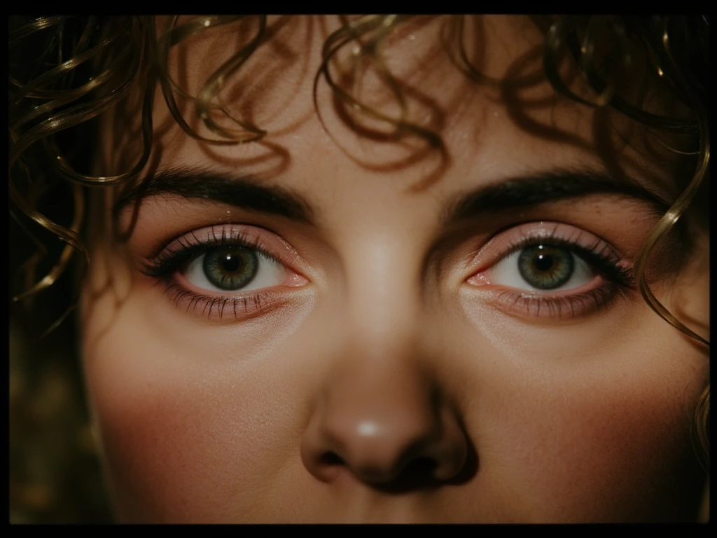 An extreme close-up square-format film portrait of a 22-year-old elle fanning, shot on 6x6 medium format film. Her soft, slightly damp curls frame her face, subtly textured from the humid Florentine monsoon air. The entire composition focuses tightly on her eyes — the only part illuminated by a shaft of soft morning light filtering through mist — revealing sharp catchlights and micro-reflections. The area below her nose and the sides of her face fall off into gentle shadows, creating an intimate, cinematic contrast. The scene evokes a moody, rainy dawn in a lush urban garden, with ambient humidity lending a tactile realism to her dewy skin and hair. The film border is matte black with no text, simulating classic negative edges. Color palette: true-to-life Hasselblad RAW tone, soft pastel midtones, muted greens and greys, with smooth highlight rolloff and subtle film grain.