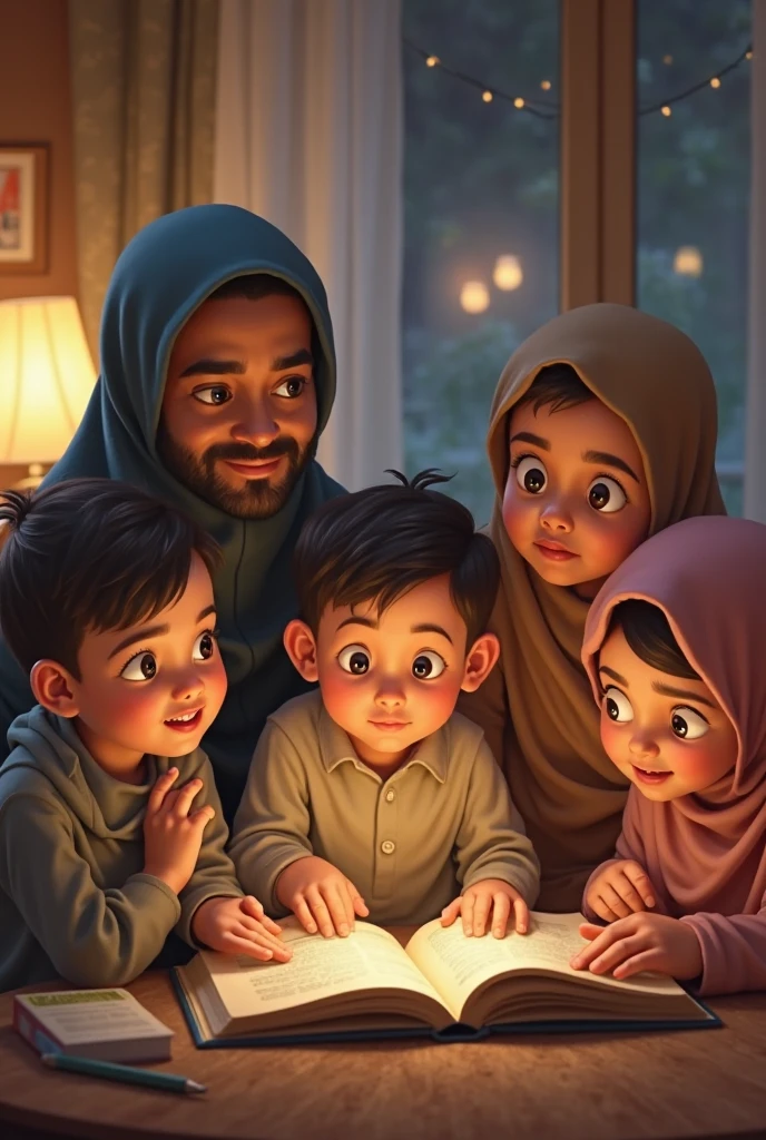 ((3 man sitting), (3 hijabbed woman)), caricaturized, fantasy art, happy expression, extreme detail, masterpiece, cinematic lighting, 4k, indoor background