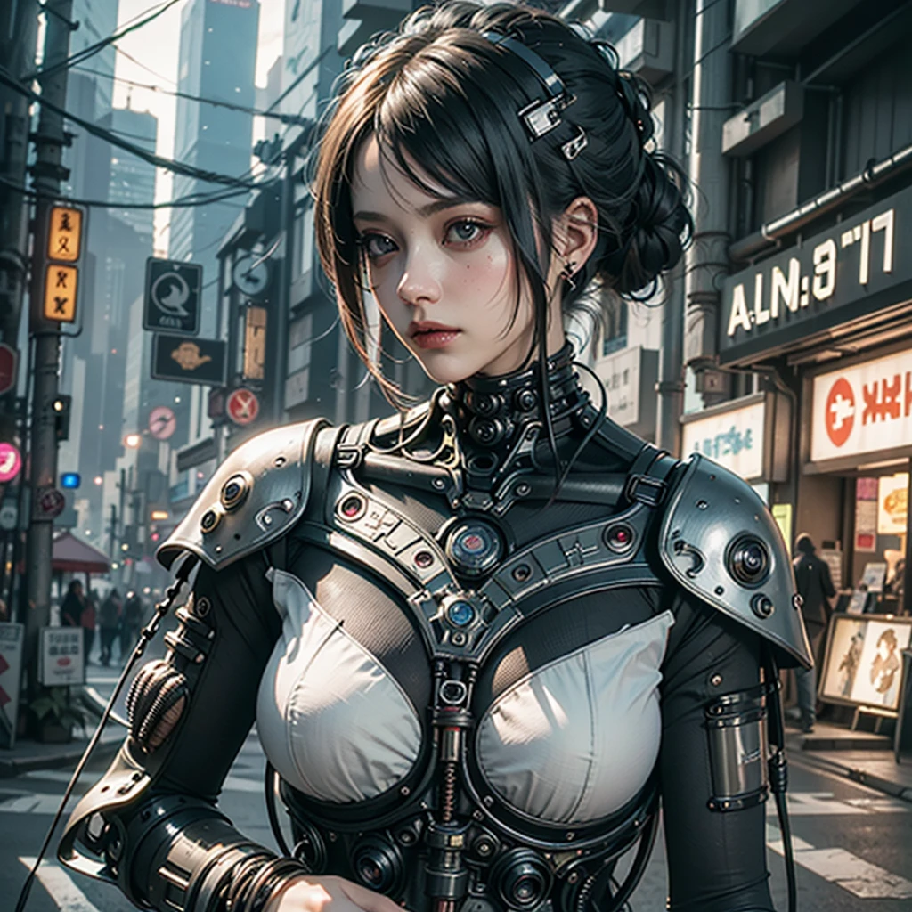 Top Quality, Masterpiece, Ultra High Resolution, (Photorealistic: 1.4), Raw Photo, 1 Girl, Black Hair, Glossy Skin, 1 Mechanical Girl, (Ultra Realistic Detail)), Portrait, Global Illumination, Shadows, Octane Rendering, 8K, Ultra Sharp, Big, Cleavage Exposed Raw Skin, Metal, Intricate Ornament Details, Headset, Hydraulic cylinder, very intricate details, realistic light, CGSoation trend, purple eyes, glowing eyes, facing the camera, neon details, mechanical limbs, blood vessels connected to the tube, mechanical vertebrae attached to the back, mechanical cervical attachment to the neck, sitting, wires and cables connecting to the head, evangelion, cyberpunk, small LED lamp, Futuristic skyscrapers, flying cars and mechanical airships in the background