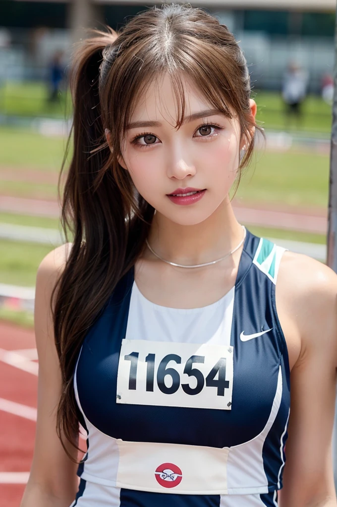 (masterpiece:1.3), high resolution, ultra detailed, extremely detailed CG unity 8k wallpaper, realistic, photo-realistic, RAW photo, beautiful detailed face, pale skin, realistic glistening skin, detailed cloth texture, detailed hair texture, Perfect body, Beautiful Face, accurate, Anatomically correct, Highly detailed face and skin texture, natural neck length, (beautiful hands), (fair skin:1.1), (well-aligned teeth:1.1), (Sweaty skin:1.2),
BREAK,
Detailed eyes, symmetric eyes, Light Brown eyes, Double eyelids, Thin eyebrows, (Glossy lips:1.4), ((A face with waiting for a kiss:1.2)), (blush:1.1), (A sparkling small hair accessory:1.1), (beautiful smile:1.1)
BREAK,
(A classy and Cute idol:1.3), (nude, nsfw, nipple:1.5),
BREAK,
medium large breasts, slender figure, firm abs,
((ponytail, Dark blonde hair, wavy hair, long hair, asymmetric bangs:1.2)), (cowboy shot:1.2), (looking at viewer:1.2), cowboy shot, From above,
BREAK,
(((running in track field))),