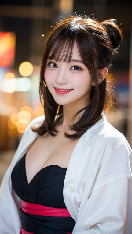 Beautiful night view, Highest quality, shape, Very detailed, In detail, High resolution, 8k wallpaper, Perfect dynamic composition, Beautiful details,  Natural Lip, Cute yukata , Big Breasts, Cleavage, She is randomly smiling in cute poses.., A masterpiece of the whole body, 