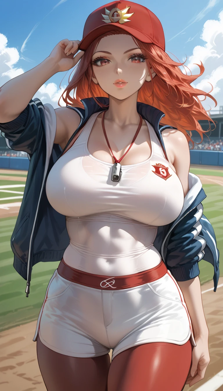 masterpiece:1.2, best quality), realistic, (real picture, intricate details, depth of field), (1girl, solo), make up, parted lips, highly-detailed, perfect face, (huge breasts:1.4), (skindentation), thick thighs, wide hips, small waist, tall, glossy coral lips, red hairs, red eyes, ponytail, (A girl playing volleyball, white volleyball uniform), (sweating:1.2), (wet), sexy, blushing,