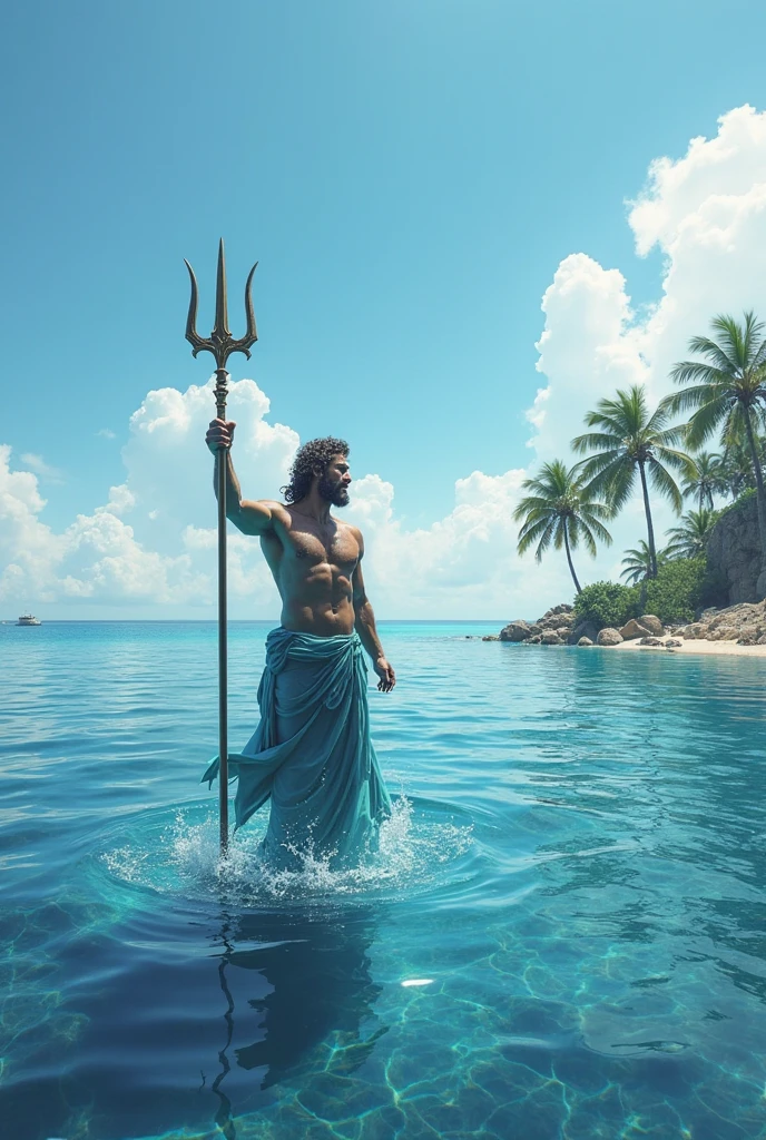 Sexy god Poseidon, Coming out of the sea half naked, with his trident in his hand, Looking seductively at the viewer, sunny lighting.