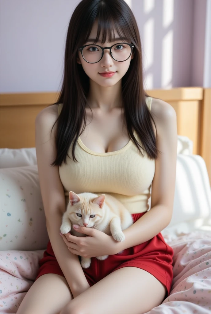 A beautiful girl with glasses and cat ears posing near a window, pink cat clothes, showcasing shoulders and thighs