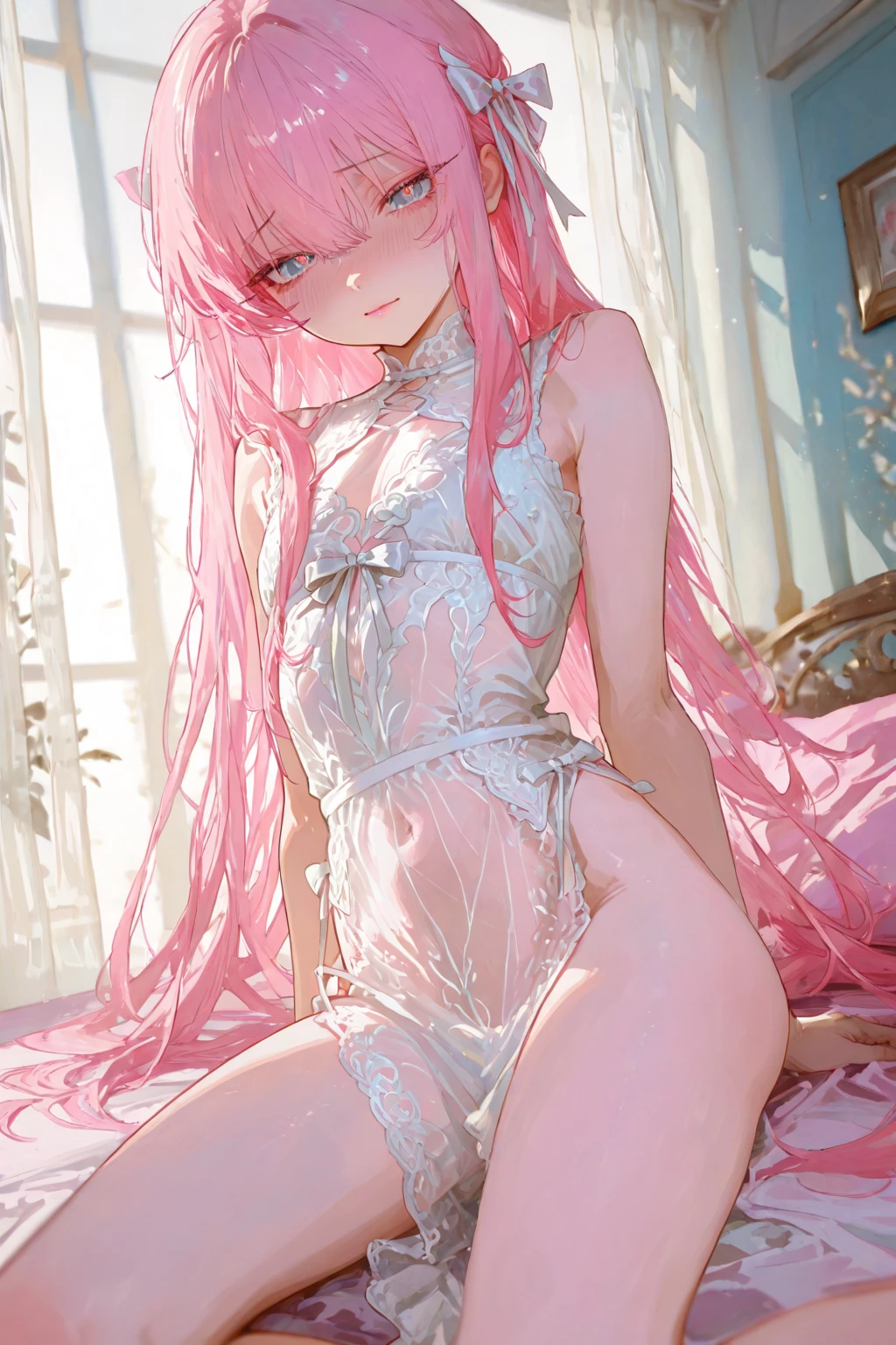 1girl, Angle from below:1.8, The girl bends forward to show off her breasts、legs apart, (Blade), (Tanned shiny black skin:1.6)、Glowing Eyes, ((Sexy evil grin)), (10 years old girl), pink hair、Twin tails、forehead、Small breasts, hat, ((((arabian white clothes, see-through)), (headband), (Areola Slip), small breasts, (jewelry)))、desert, ((sahara)), ((focus crotch)), (crotch),((foot)), ((acrobatic pose)),