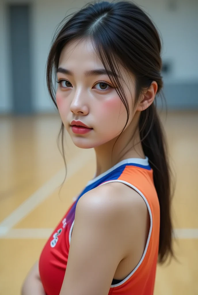 Beautiful 26 year old redhead, straight and long hair, Female volleyball player, lolalove, braid, wearing transparent volleyball uniform, volleyball gym, 18mm cannon, luz do flash, realisitic, highy detailed, analog style, deep decolte, whole body, cute smile, cute pose