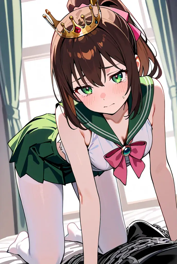 Silence Suzuka、blush,smile、Horse Girl、twintails,Green costume、In uniform、Primary school students、The back is very small、Lolita、Small breasts、Please show me your armpits、exterior: 12 years old、Shoulder Bare、The clavicle is visible、Sexy thighs、Beautiful legs、Usual hairstyle、highest quality, High resolution, unity 8k wallpaper, (shape:0.8), (Beautiful and beautiful eyes:1.6), Highly detailed face, Perfect lighting, Highly detailed CG, (Perfect hands, Perfect Anatomy),(((woman on top,vaginal,sex)))