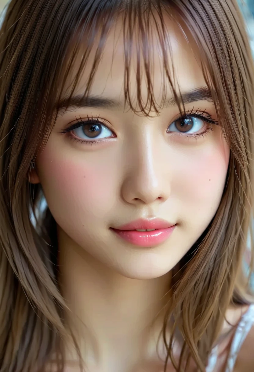 masterpiece:1.3), (8K, Realistic, RAW Photos, Best image quality: 1.4), Japanese women、Baby Face、(Random Hairstyles:1.2)、Highly detailed face、Attention to detail、double eyelid、Beautiful woman:1.4、Light brown hair、Highest quality、masterpiece、Ultra-high resolution、(Realistic:1.4)、Smile with professional lighting and attention to detail、Loose、thin、short hair、Deadly position、Full body image、 town、