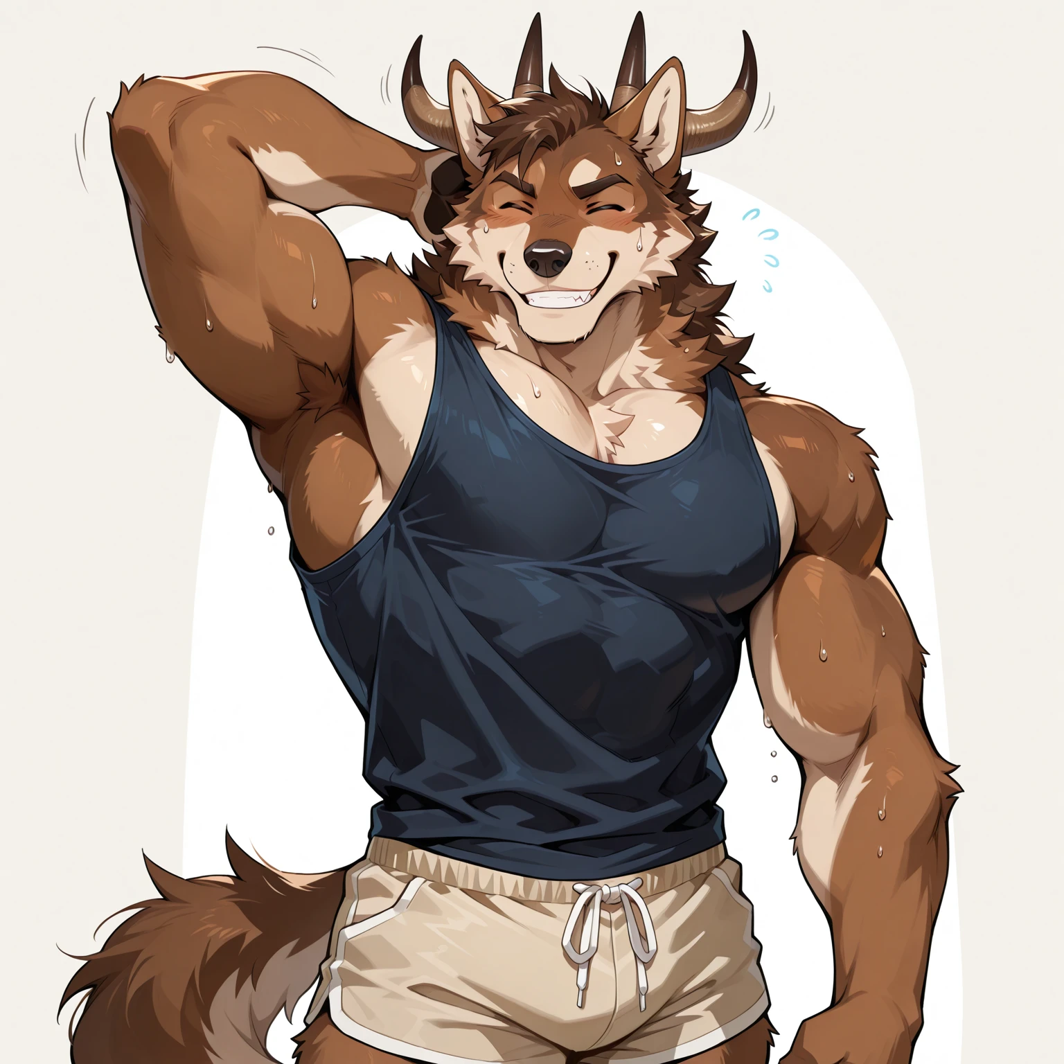 Wolf, wide hips, massive thighs, massive ass, femboy, flat chest, androgynous, brown fur, light brown snout, yellow eyes, muscular, huge pecs