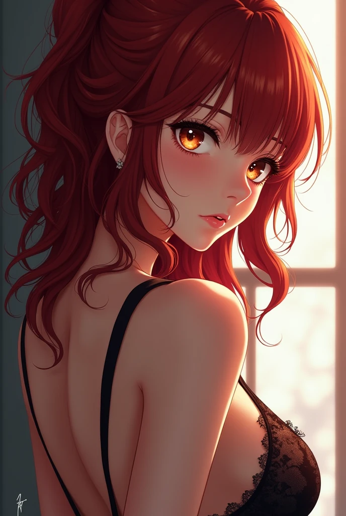 women, natural redhead, by the wide, 2 braids, Whole body, yellow eyes, flirtatious smile, mischievous smile, lace lingerie, lying face up on a bed, pose sexy.