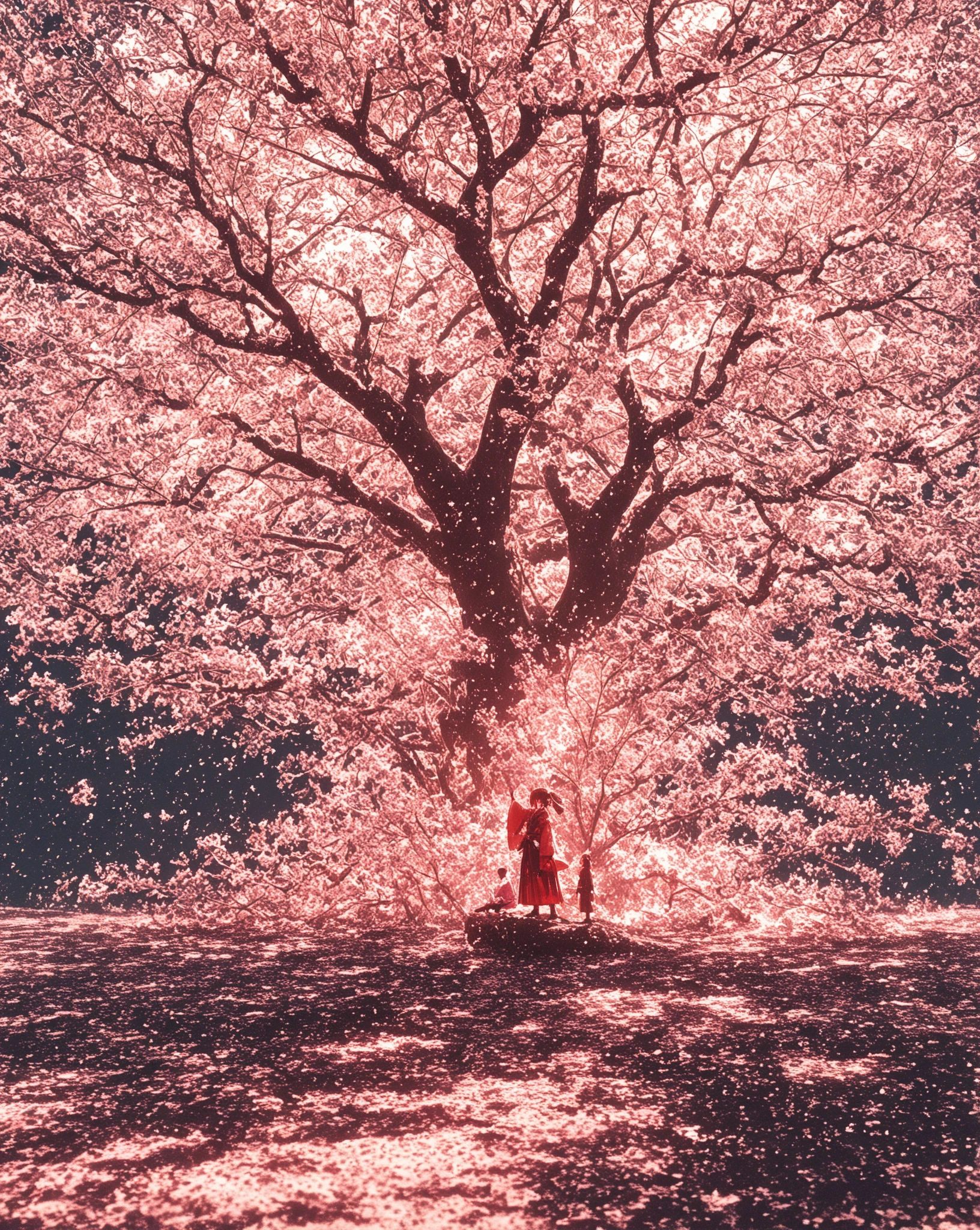 in vibrant pink The silhouette of the samurai，and blends in with the surrounding natural elements, blossom-like cherry blossoms. Female figure standing in a natural position, waving a tall samurai knife, with smooth strokes. embody the simple aesthetics of Japanese tradition and the dynamic weaving style {x} The flowing robes of the characters seem to blend harmoniously with the scattered petals, Dynamic，in the color tone. Background, A splash of white, enhances the pink and red tones, creating a striking contrast. The overall scene exudes an elegant and powerful atmosphere, Reminiscent of a cherry blossom tree and firm pink tones. exudes a sense of excitement and elegance, This work captures a moment of tranquility and focus，standing in a blossoming silhouette.