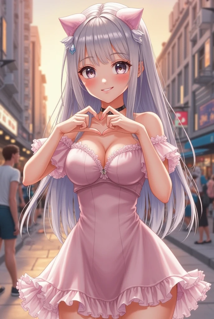 low angle,from below,((masterpiece:1.4, best quality)), ((masterpiece, highest resolution)), (beautiful illustration),1girl, semi long beautiful silver-blonde mix hair, (showing beautiful  and nipples),
 (flower printed elegant mini flair skirt),((showing off white elegant panties)), 　(looking at the viewer),
 innocent smile, lovely smile,windy,night,shopping mall street, neon,cinematic lighting,