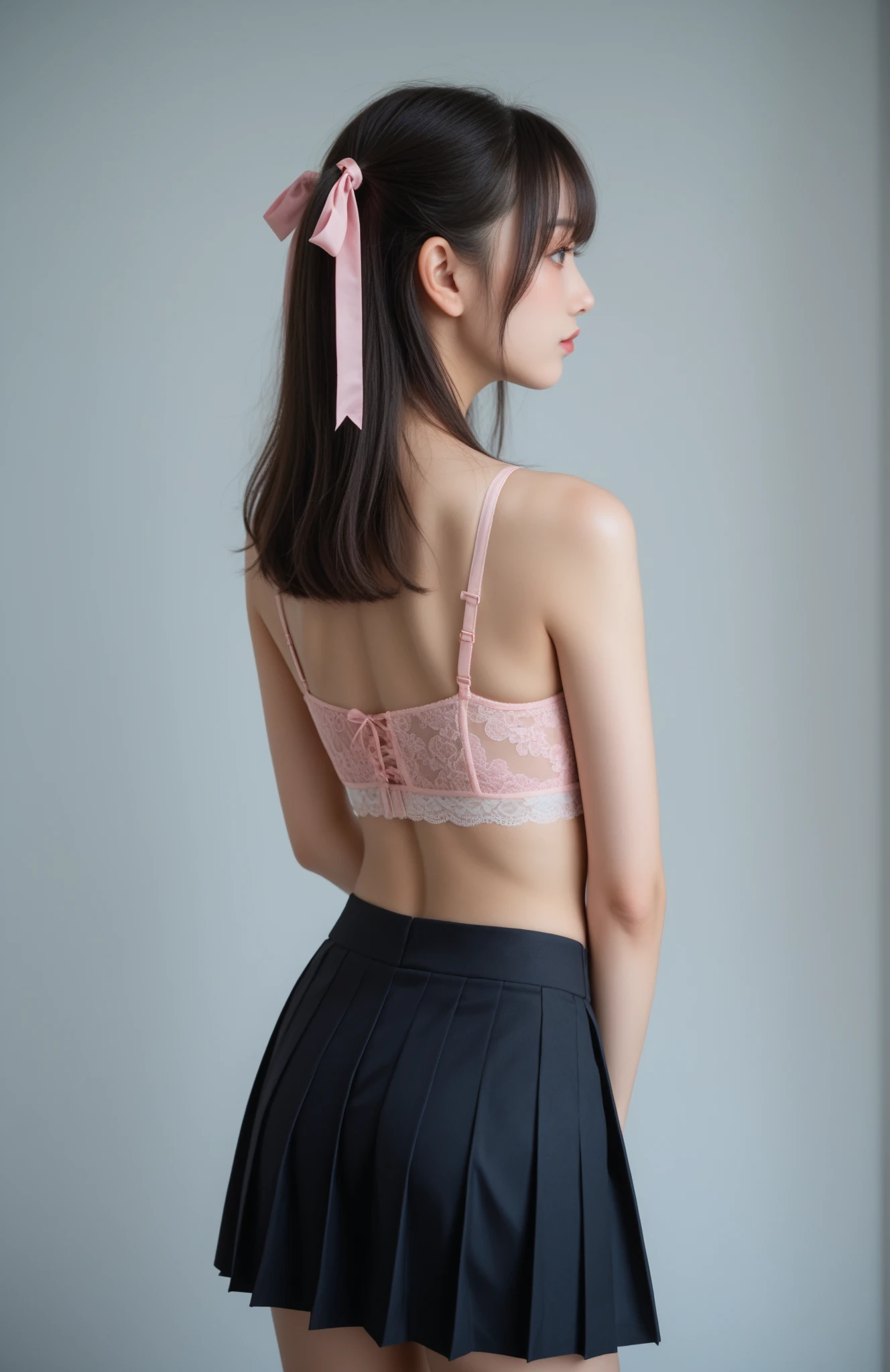 (One girl), Brown eyes, (expensively detailed eyes, expensively detailed face), (Surreal, expensivet resolution), (Highest quality:1.4), (expensive , Pleated mini skirt:1.2), model, Fascinating, Majestic, indoor, School, classroom, sunset, alone, (Heart shape written in chalk on a blackboard:1.3), Tears welled up in her eyes, (cherry blossoms, 踊るcherry blossoms),
((((Panties and bra are visible))))
((((Angle from behind))))
((((Emphasize cleavage))))

