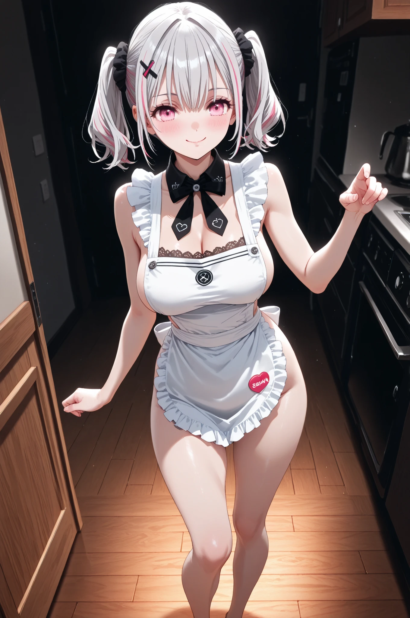 a very hairy anime woman posing without her panties on in a kitchen, 1girl, solo, breasts, ass, nipples, looking back, thighhighs, looking at viewer, white thighhighs, from behind, short hair, pussy, clothes lift, red eyes, white hair, indoors, skirt lift, large breasts, bangs, lace trim, skirt, mosaic censoring, censored, blush, closed mouth, lifted by self, window, thighs, frills, apron