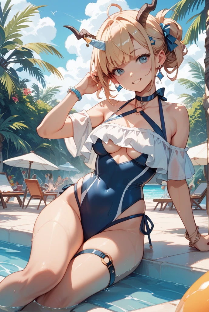 Cute , high quality , black bikini , balcony , sexy , cute medium breasts , small black horns