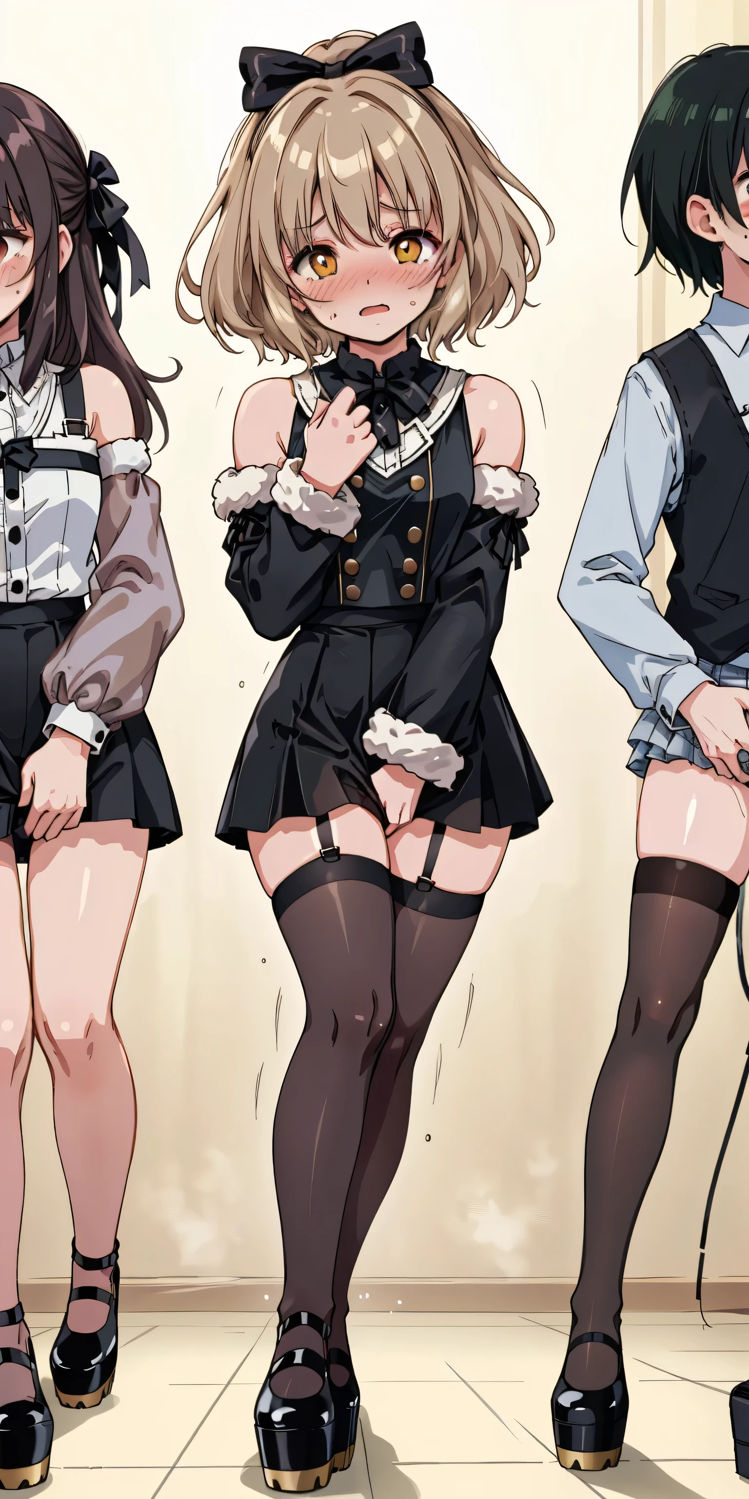 (highest quality), (masterpiece), 1080p, hd, 4k, 8K, ((2Girls)), 並んでsit, Talk, have a cell phone, ((Gothic Lolita)), off shoulder, nose blush, Lift panties, Medium chest, tights, red ribbon, thong, White panties, ((skirt)), Shoot from the front, in trouble, short black hair, side up, blunt bangs, embarrassing, flustered, whole body, 18-year-old, stockings, crowded train, sit, night, Taken close up, earrings, accessories