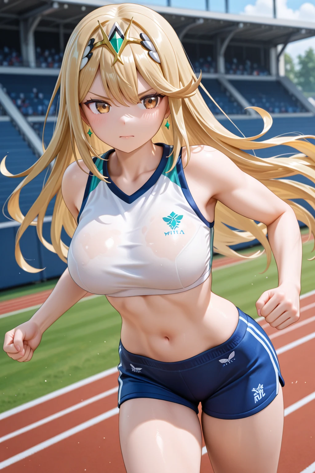 Masterpiece, best quality, very detailed, Ultra high resolution, (photorealistic:1.4), raw photos, (realistic:0.2), 1 girl, alone, long hair,,8k hdr, 1 girl,Blonde hair, medium-large breast, bright eyes, , medium-small breasts,Wear a football shirt, Ball Field