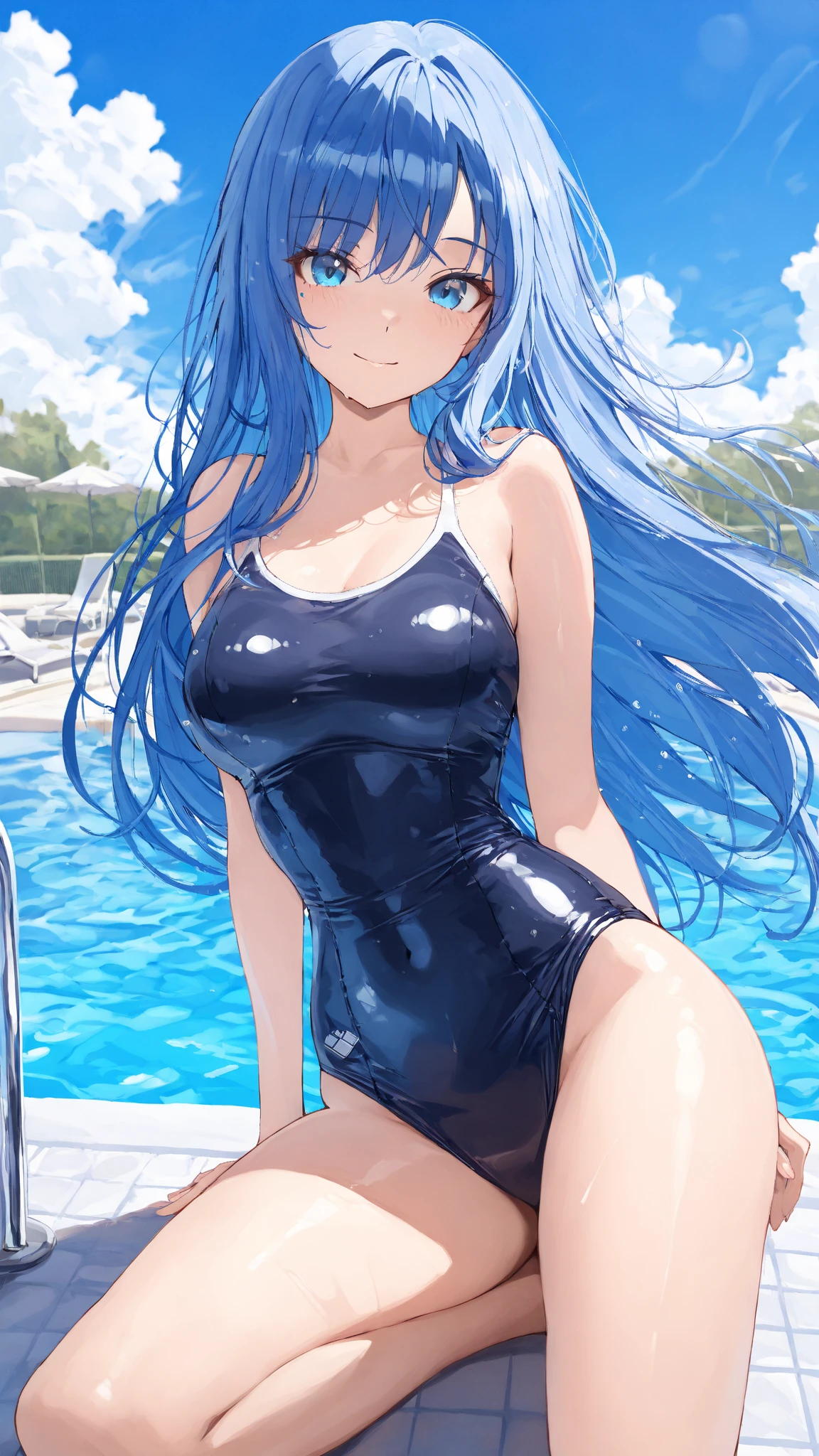 A beautiful woman wearing a navy blue school swimsuit that is so shiny it reflects light.、high school girl、Blue Hair、Obscene pose、She's a pervert、blush
