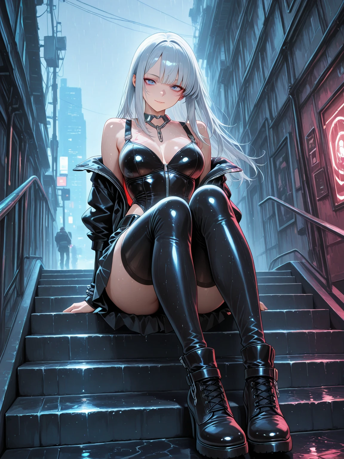 silber hair、short-haired、large full breasts、adult lady、natta、nightcity、Chinatown、neons、ciber、an lingerie、Sitting Woman、Black pupil、leather jackets、Black cap