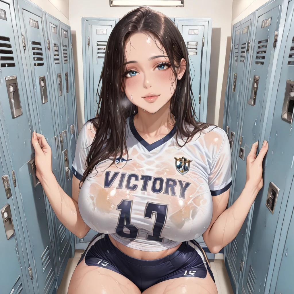 (masterpiece,highest quality,超A high resolution),japanese woman, (((very beautiful 20 year old girl))), pretty girl、look at the photographer、 ((beautiful low ponytail)), super cute face, glossy lips, double eyelids in both eyes,natural smile、 natural makeup, long eyelashes, shiny smooth hair、center image, perfect limbs, perfect anatomy,(((White Football Uniform))),(wet with sweat),See-through,