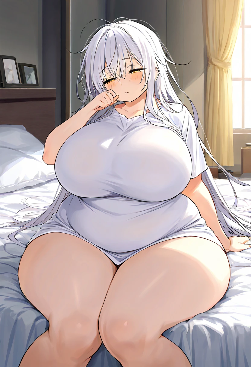 Nikke, wiggle large breast, big thigh, bed, legs opened wide, grey sporty tanktop clothes, tongue out, no panties, cum covered cum, wet body, viewpoint from leg, lying, open clothes, There are hands squeezing her breasts, sus face, Her breasts were leaking woman's milk