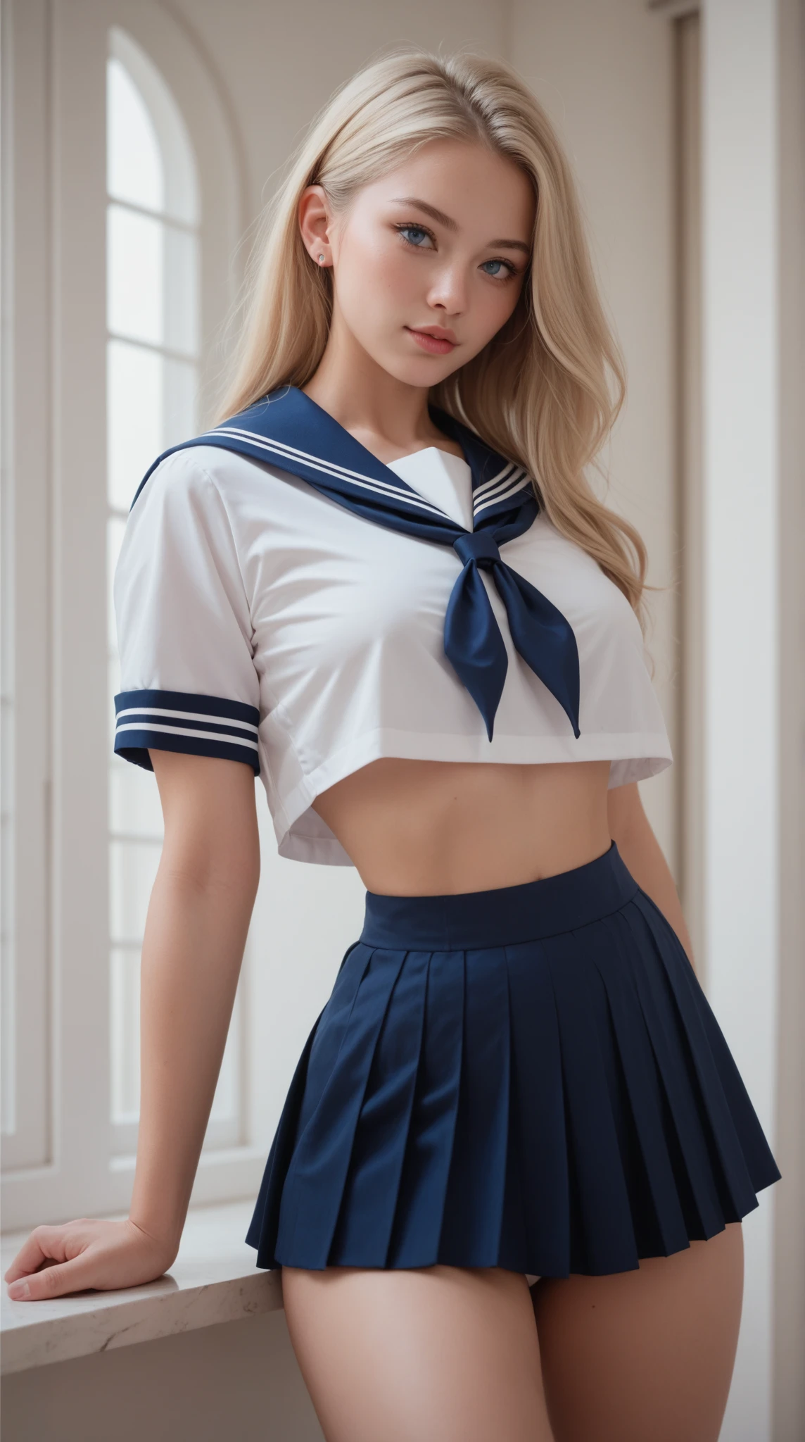 Her legs are spread wide and her too-small white cotton panties are visible.、Her white panties made of lace material are visible.、A beautiful young girl with blonde twin tails wearing a sailor suit is leaning on a fluffy white sofa, lifting her white blouse to reveal a white bra, and opening her legs and lifting her skirt to reveal white lace panties., a blond, Photos of very beautiful Nordic-born girls,　12years, Blonde hair ,Seductive open legs pose, 4k, top-quality, hight resolution:1.1), Drawing so that the crotch cloth of the white underwear is visible, tiny panties, white panties made of lace material 、Blue plaid skirt, Red plaid skirt, high school student uniform、 a sailor suit, Cleavage visible from the blouse, The clothes are fluffy, bed room, class room, dining room, tiny chest、 Under hair is transparent、 Nipples are see-through, Wet panties , Angle from your feet, The bra is sheer、 Clothes are see- through、 White panties with ribbon