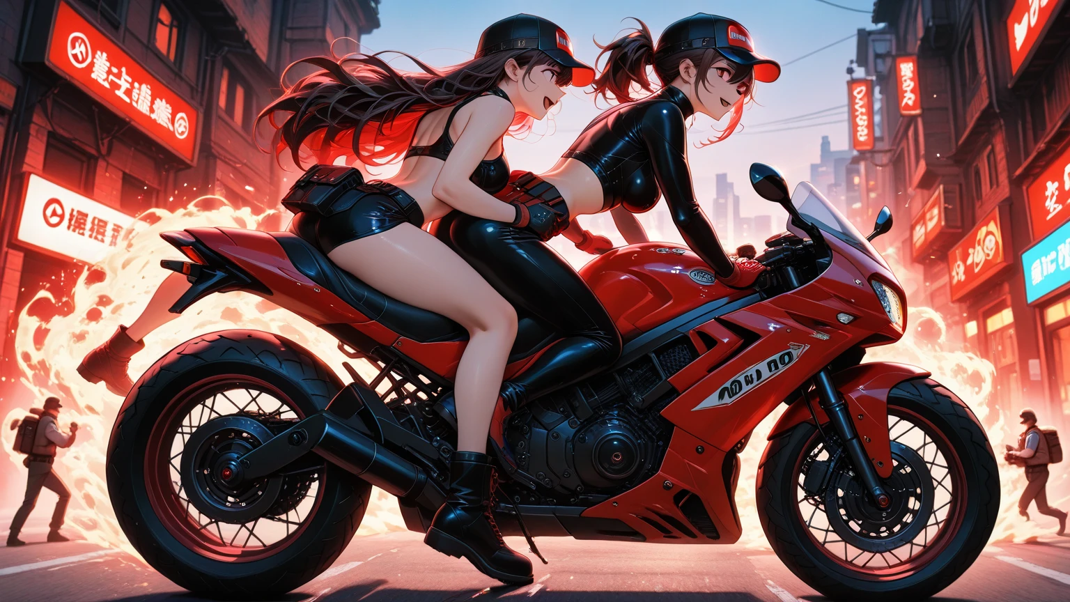 young girls 2 brunettes tanned 3 .Athletic body, thin waist, large erect breasts, large erect buttocks, open legs, hair and braid on the side . motorcycle race flying multicoloured lykra clothing.