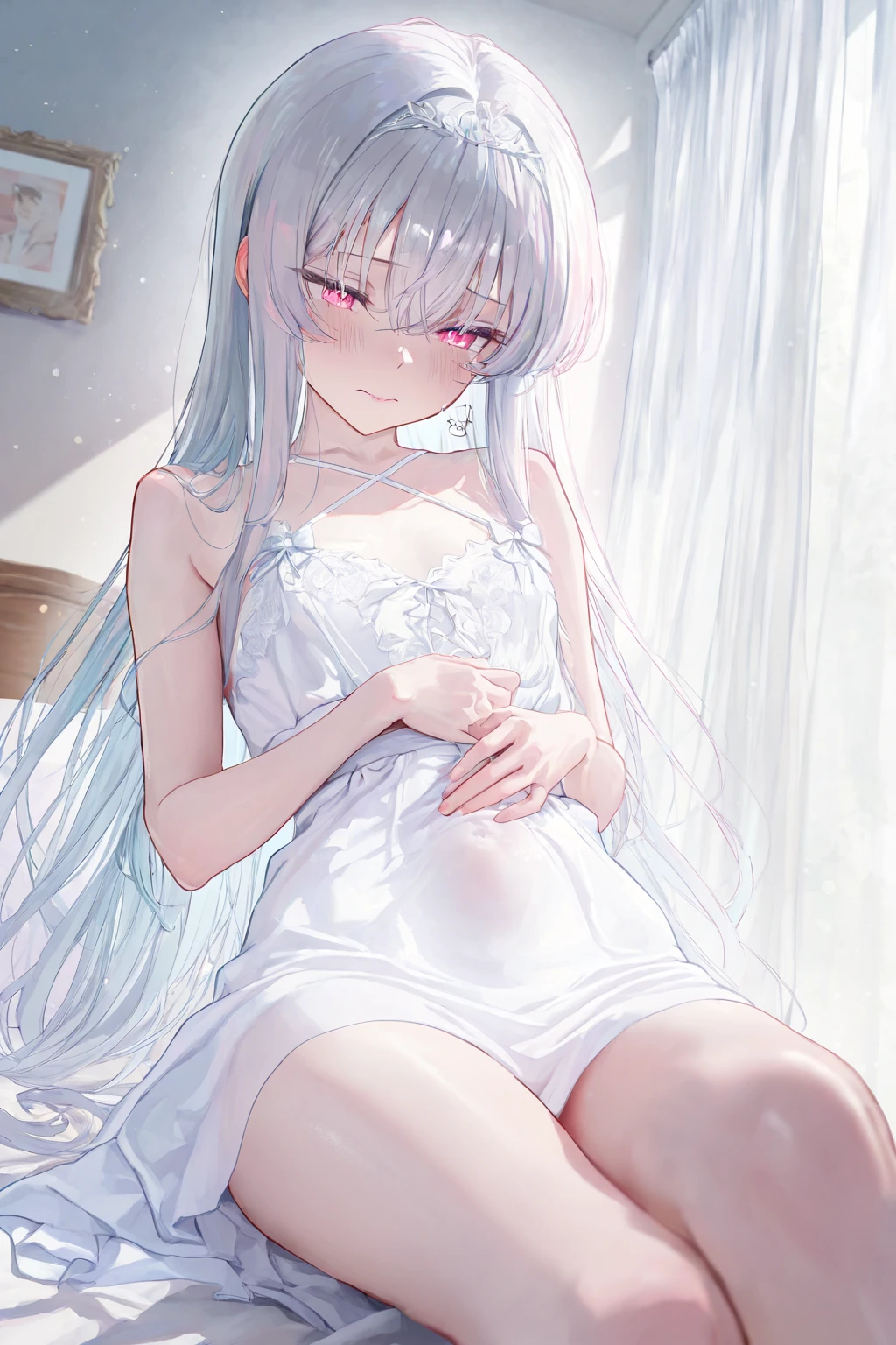 absurd,(masterpiece、highest quality、8k ),intricate details,super detailed,soft focus、((One cute 10 year old beautiful girl:1.4)),(slight smile:1.2)、silver hair、bangs、long hairstyle、(Bunny ears、White Camisole Dress、white knee highs:1.3),on the bed、Cute stuffed rabbit、big white lace pillow、pink curtains、bay window、flowers in a vase、surreal,perfect anatomy