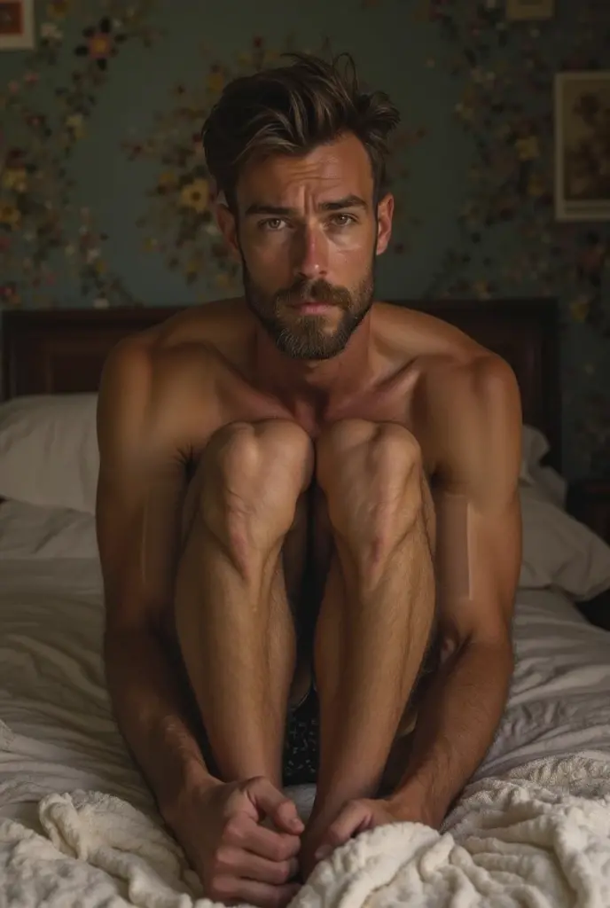 adam driver, ,big bulge, naked (full body shot), (low angle camera shot), inside a bedroom laying on a bed, (exposed big hairy chest and abs:1.4), exposing his big pecs and abs and hairy chest, looking at viewer, adam driver (extremely accurate and detailed facial features fo adam driver) , large bare feet, big bulge in crotch, muito bonito, Beautiful, long neck, hairy chest, protruding ears, big nose, freckles. showing big feet. large erect penis, hairy body, ginger. tall, lanky, smile