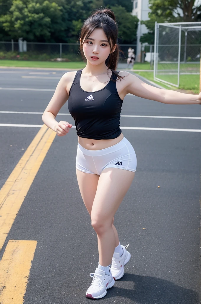 1girl solo, beautiful, (8K, Raw photo, Best Quality:1.2), (Realistic, Photorealsitic:1.37), Ultra-detailed, professional golf player, in golf field, pale white skin, shiny skin, wet skin, wet body, sweating, pony tail hair, wet hair, big boobs, deep cleavage, nipple poke, booty, deep camel toe, no underwear,  NSFW, long legs, (white cap, wet white transparent translucent bra, wet white transparent translucent yoga short panties, camel toe, NSFW, white sneakers), (Detailed beautiful face), (Detailed realistic skin), seducing, confident, whipping sweat, front view, view from below, 
(8K, Best Quality, mastepiece:1.2), ( Photorealsitic:1.37), Ultra-detailed,Best Quality, high resolution, Professional Lighting,Physically-based rendering,  photo realistic, dynamic lighting, artstation, poster, volumetric lighting, very detailed faces, 4 k, award winning, vivid lighting, dynamic shot, girl in Golf Competition Venue, depth of fields, Sharp Focus,