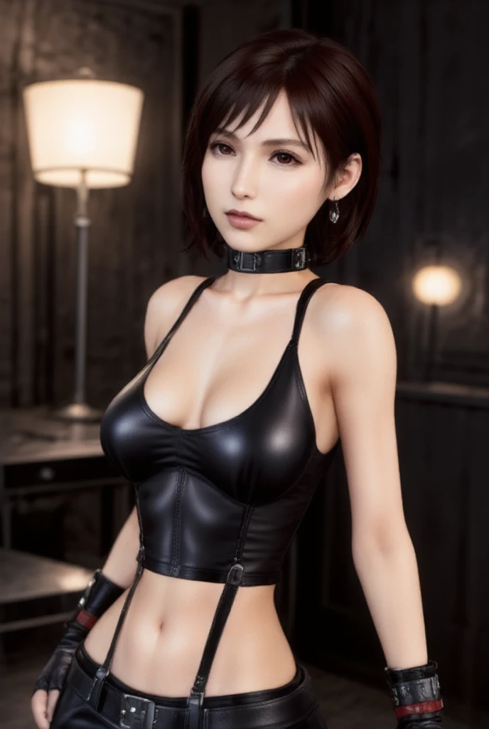"((Highest quality,16K,High resolution,masterpiece:1.6)),Very detailedな,Very detailed,(Realistic,photoRealistic,photo-Realistic:1.37), (Huge and stunning goddess shot, Very hot and sexy,((short hair)), Great beauty, Perfect balance, Beautiful body,( Red and black cyberpunk costume:1.5), ((White skin:1.5)), Slim body beauty: 1.4),there is a woman in a red bikini and black leather Harness,Wear professional clothing and protective equipment, I rode a lot, Harnesses and garters, Wearing a sexy crop top, Funny costumes, Post-apocalyptic atmosphere, Very sexy devil costume, Cyberpunk Angry Gorgeous Goddess, skintight red leather armor, Harness, Soft indirect lighting in the studio,((Delicate artwork on a dark grey background))、((A beautiful figure that stands out against a dark background))、