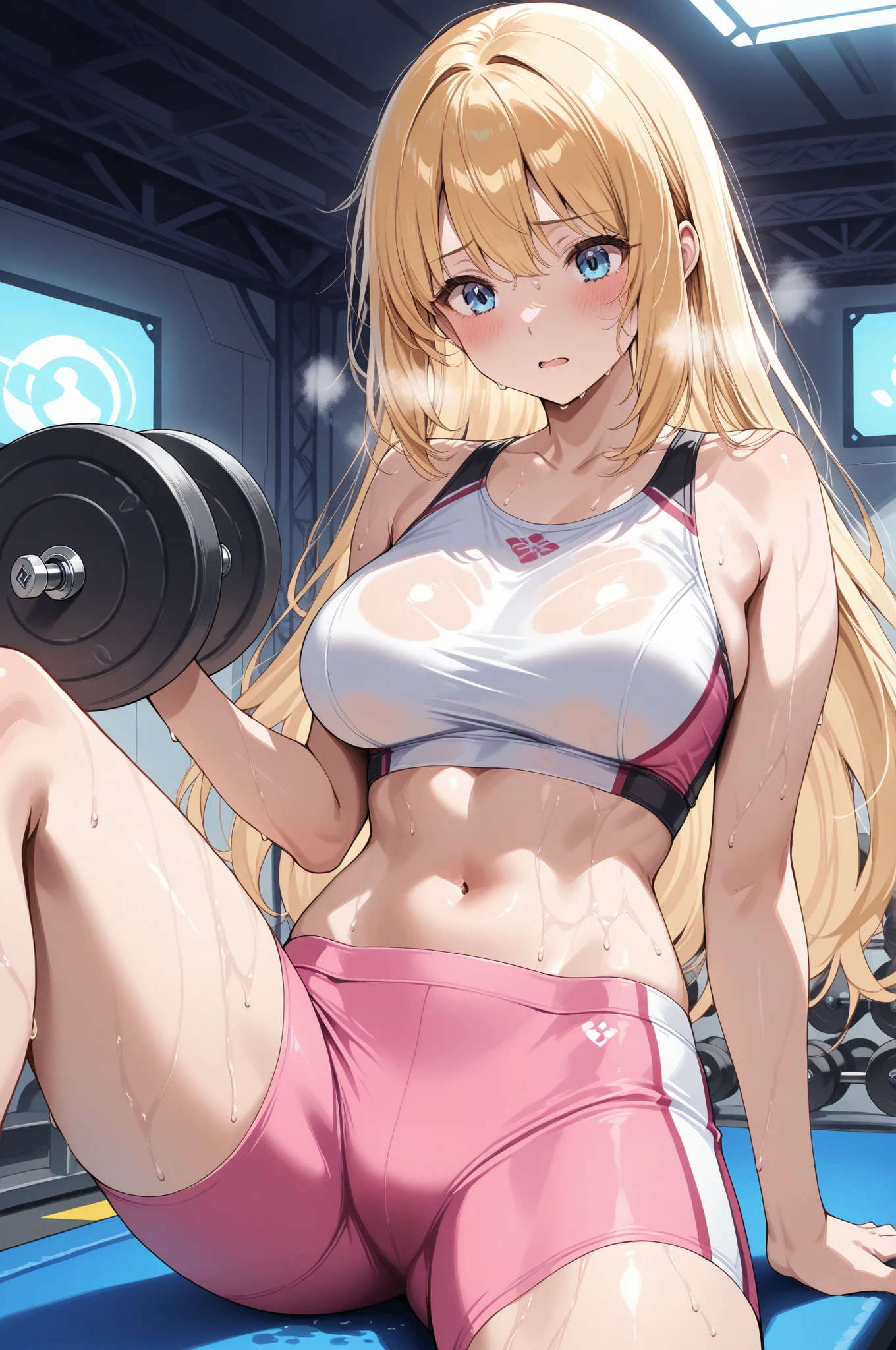 masterpiece, best quality, SimplePositiveXLv2, yuuki asuna, 1girl, solo, long hair, breasts,  large breast, curvy, blonde hair, cleavage, Hoodie, crop Hoodie, navel, pants, mini pants, gym, indoors, 