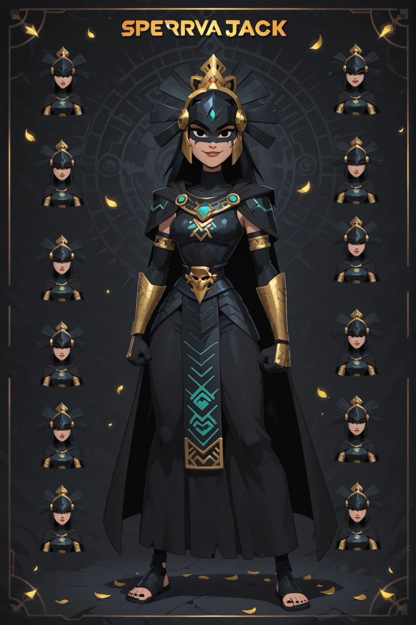 A girl, alone, cartoon style image, samurai jack style, flat color, ancient warrior of a Mesoamerican civilization, obsidian helmet resembling a raven, black outfit, obsidian armor, light skin, cape, gloves, looking at the viewer, wrapped in thick darkness, black eyes mask, fully dressed, baggy suit, peto covers his chest , helmet with golden petals, powerful, incredible girl, black eyes, armor vest, overwatch style ,  turquoise details, futuristic Aztec warrior, solo, black paint over the eyes, she is cute and beautiful, robust,  small crown, upperbody , smile, raising a fist, character design, character sheet, Mesoamerican layer, no text