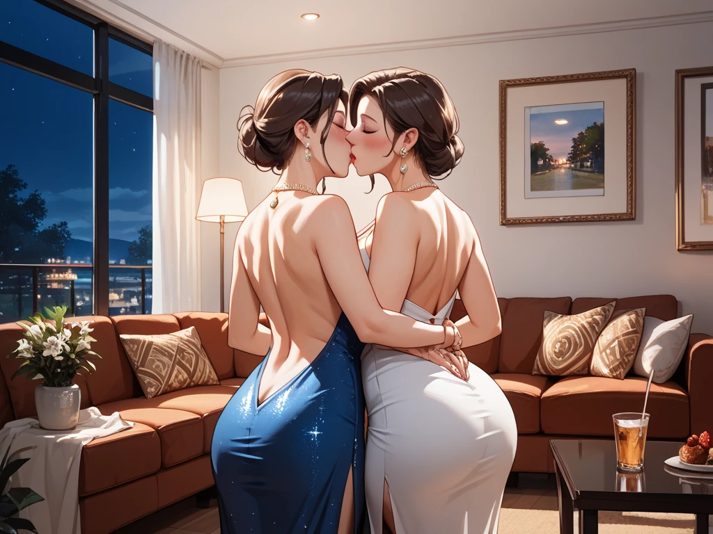 ((multiple thick body mature women age 40 American milf super model)) wearing nuns robe, patio, wind lift skirt show\ panties, standing bend over arms on table show backside to viewer, looking at viewer smiling blushing, (((2women next to each other same pose, show back view kissing))), outdoors garden fountain,

