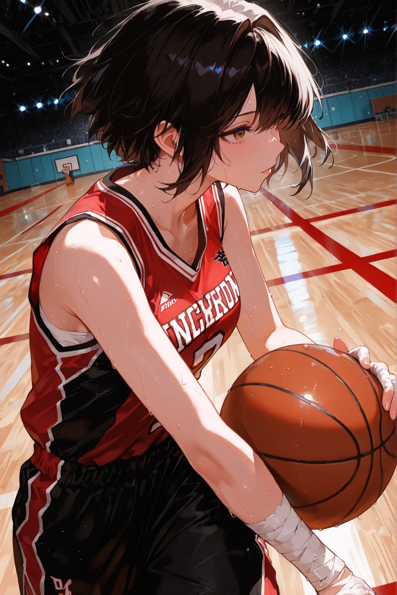 masterpiece, best quality, bright, very aesthetically pleasing, high contrast, newest , 1 divinely beautiful woman, 1girl, Pretty beautiful girl, Solo, woman, basketball uniform, sleeveless, bandaged hands, close up, sweat, impact frame, dribbling with basketball, basketball, basketball court, gymnasium background, seats filled with fans, during a match, dynamic pose, dynamic angle, dynamic composition, The next level is sophistication and refinement, super detailed, more texture