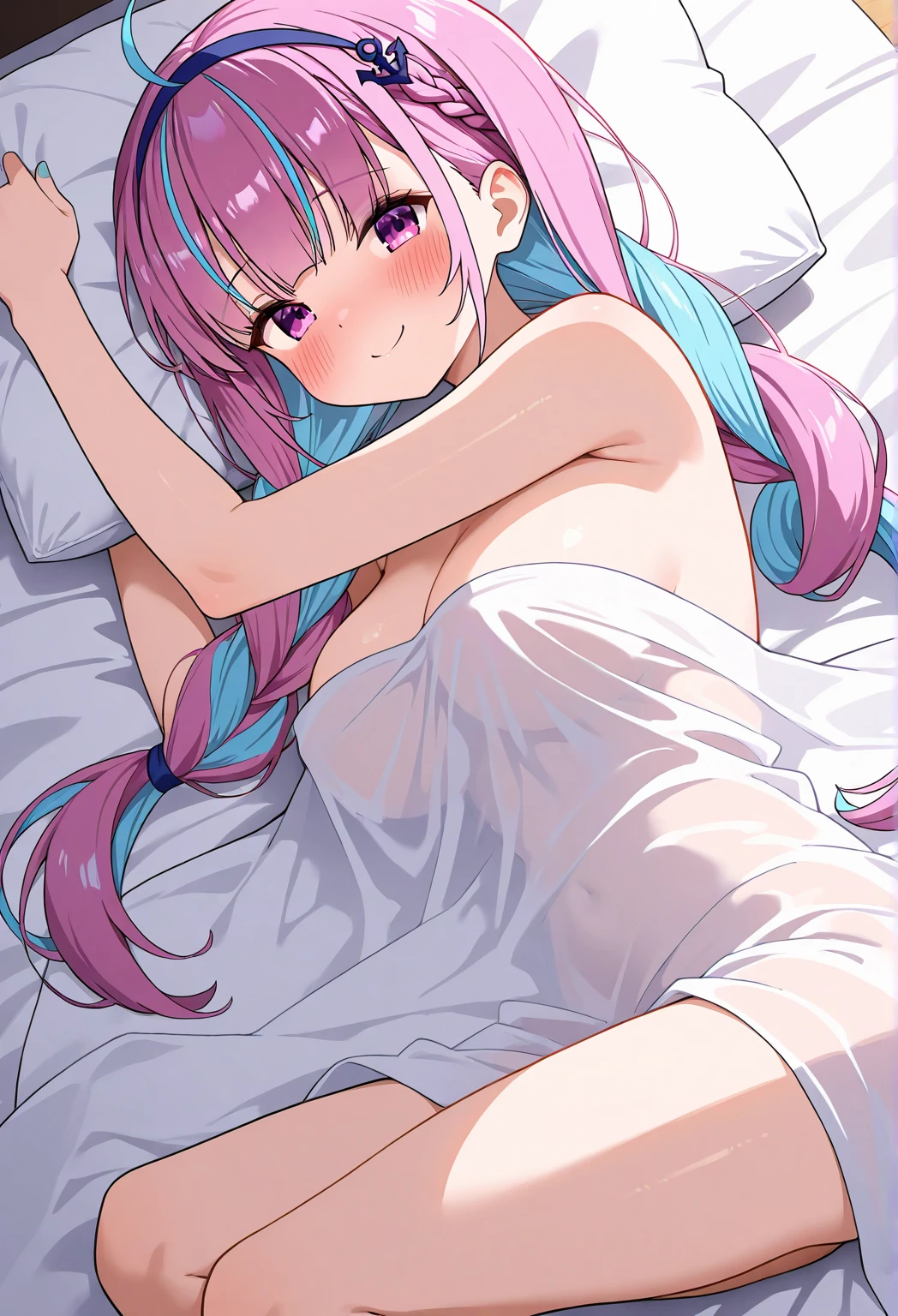 pink long hair, medium breasts, naked, nipple, blue eyes, showing back, showing ass, masterpiece, detailed eyes, armpits