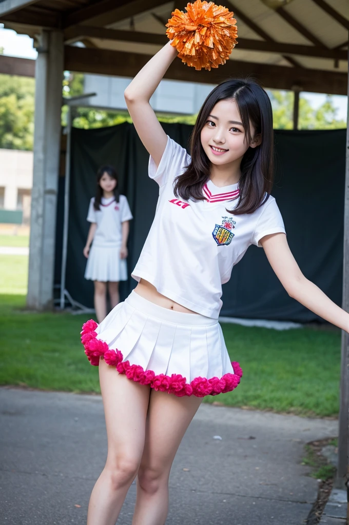 (Na Matsushima々 :1.2)、((45 years old))、((beautiful japanese mature))、japanese woman、alone、((leaning forward:1.3))、(sharp focus :1.4)、(Chubby body type)、My cheeks turned red、(laugh shyly:1.15)、nasolabial folds、white skin、the charm of sex、absurd、((big and soft breasts))、(Breast bulge accentuated through clothes:1.3)、 ((loose cheerleader uniform))、 Browse down、cheerleader costume、 ((((look at the camera))))、(Shopping at the morning market:1.5)、look at the audience、超A high resolution、High resolution、High level image quality、In 8K、realistic pictures、real live action、Raw photography、Raw photo、highest quality、masterpiece、table top、very nice、only、beautiful feces、(Photoreal:1.37)、photon mapping、realistic、物理ベースのonlyダリング、written boundary depth、blurred background、