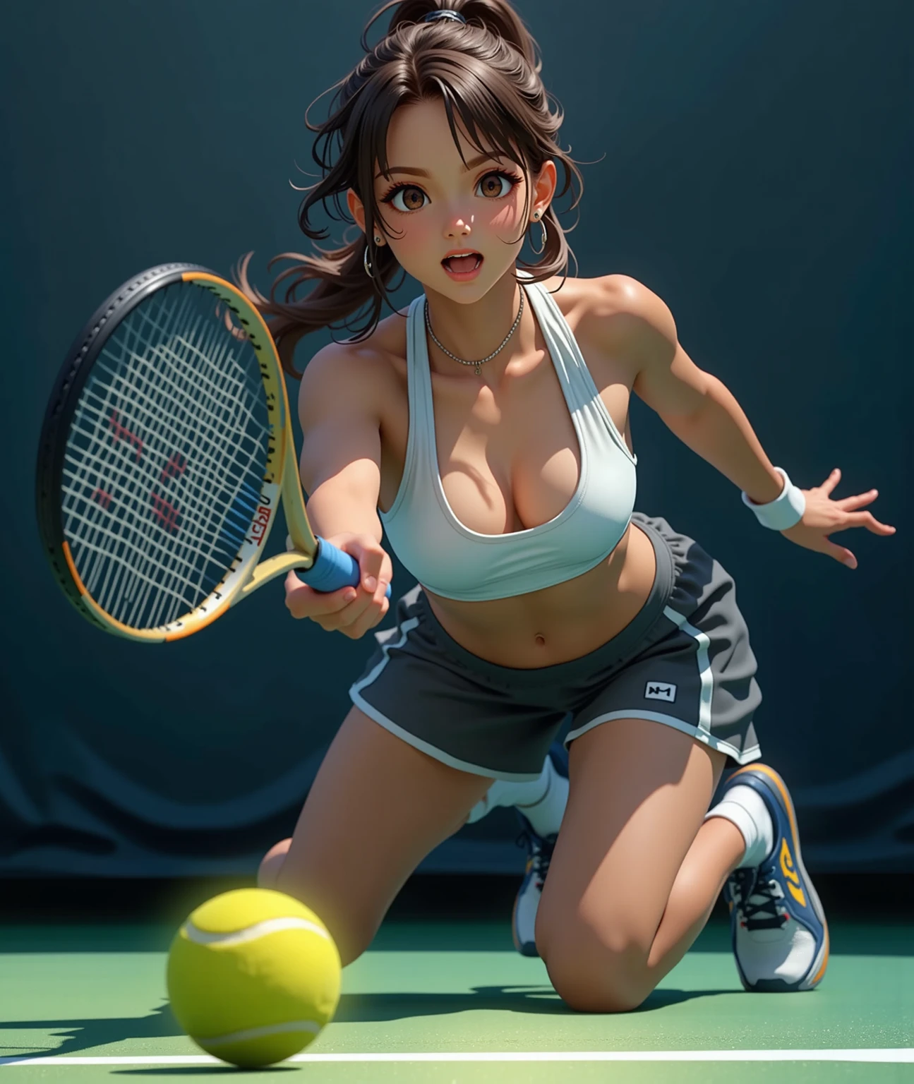 Masterpiece, 1 girl, on the tennis court, Arantcha Eng, Racket in hand, Short top, short skirt, erected nipples,big round breasts, Full-length, naked legs, panties under the skirt, Angry look, Growls, Angry look