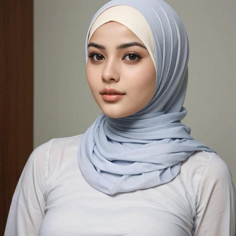 Malay girl in hijab ?????, Big Boobs, ????????????, portrait photography, mid shot photo, ultra detail, professional photograph with professional lighting, smile, light blue studio background, sexy seducing pose, curvy
