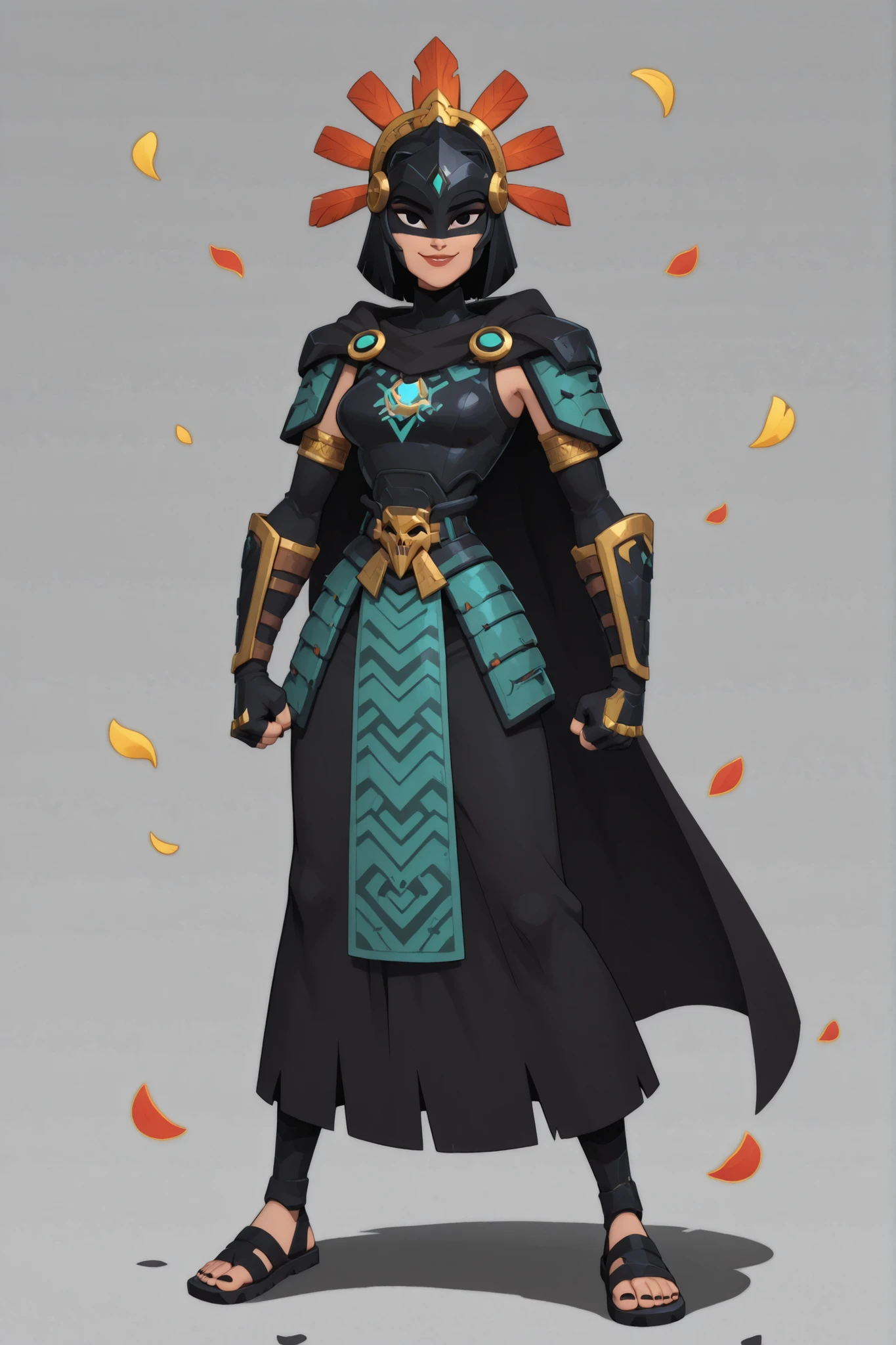 A girl, alone, cartoon style image, samurai jack style, flat color, ancient warrior of a Mesoamerican civilization, obsidian helmet resembling a raven, black outfit, obsidian armor, light skin, cape, gloves, looking at the viewer, wrapped in thick darkness, black eyes mask, fully dressed, baggy suit, peto covers his chest , helmet with golden petals, powerful, incredible girl, black eyes, armor vest, overwatch style , turquoise details, futuristic Aztec warrior, solo, black paint over the eyes, she is cute and beautiful, robust, small crown, upperbody , smile, raising a fist, character design, character sheet, Mesoamerican layer,