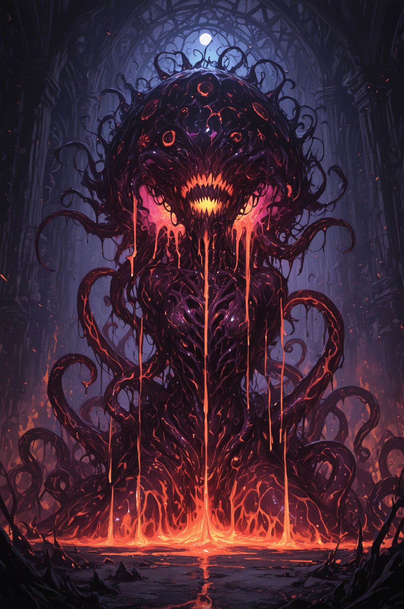 a dark red image of a demonic creature with a large head and large arms, demonic creature, just art for dark metal music, fat ripped satanic creature, blood moon tentacles!!, giygas, demonic parasite, madness creature, carnage, one a demon - like creature, one a demon-like creature, demonic monster, ruler of inferno, nightmare creature --auto --s2