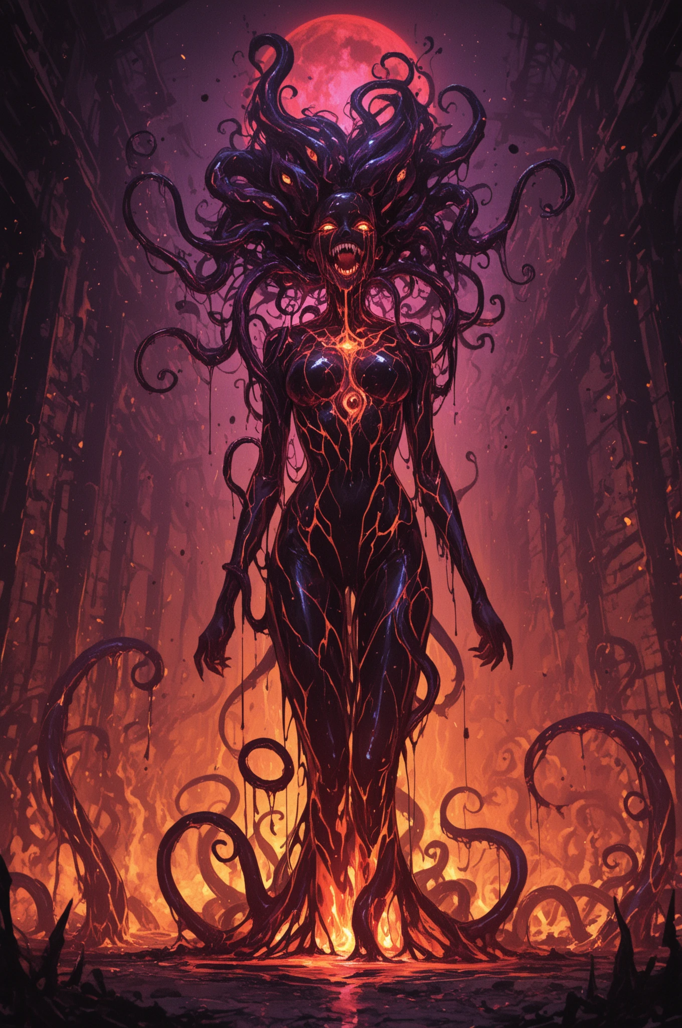 Glowing red energy on the chest, armour wrapping around the breasts