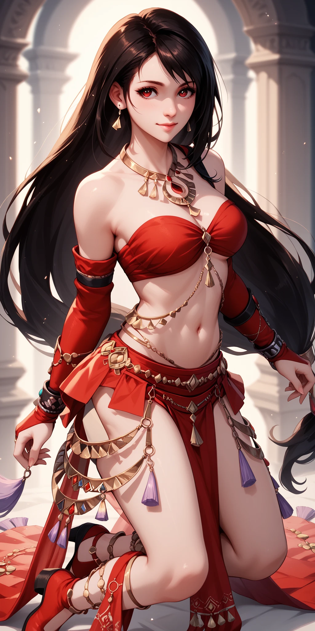 (masterpiece, Best quality, a high resolution, ultra detailed), (beautiful and aesthetically pleasing: 1.2), ((1 woman)), adult, (black hair), ((long wavy ponytail hair)), ((Green eyes)), female focus, perfect  body, (slight smile: 0.8), detailed eyes and face , Full length figure, full body, Harem, костюм для Haremа, live in gamera, Silk, Decorations, luxury, wealth, belly dance