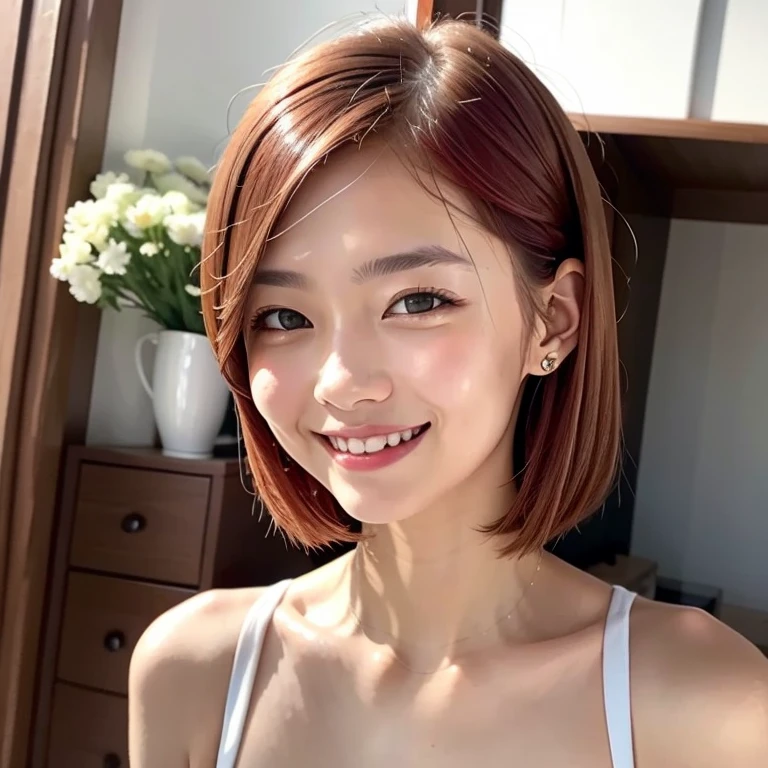Stylish beautiful Asian woman、White and beautiful skin、low length、Blonde、Bob Cut Hair、Red eyes、Slanted Eyes、Thin eyebrows、Thick lips、smile、Flashy clothes、Fashion Model、Brick Background、