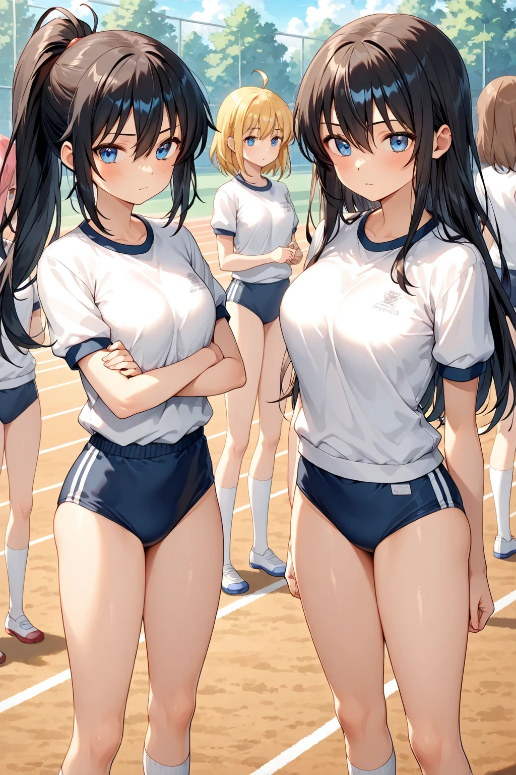 beautiful girl、teenager、sports underwear、Navel Tank Top、sport shorts、running, long hair、sport cap, shiny skin、the way
