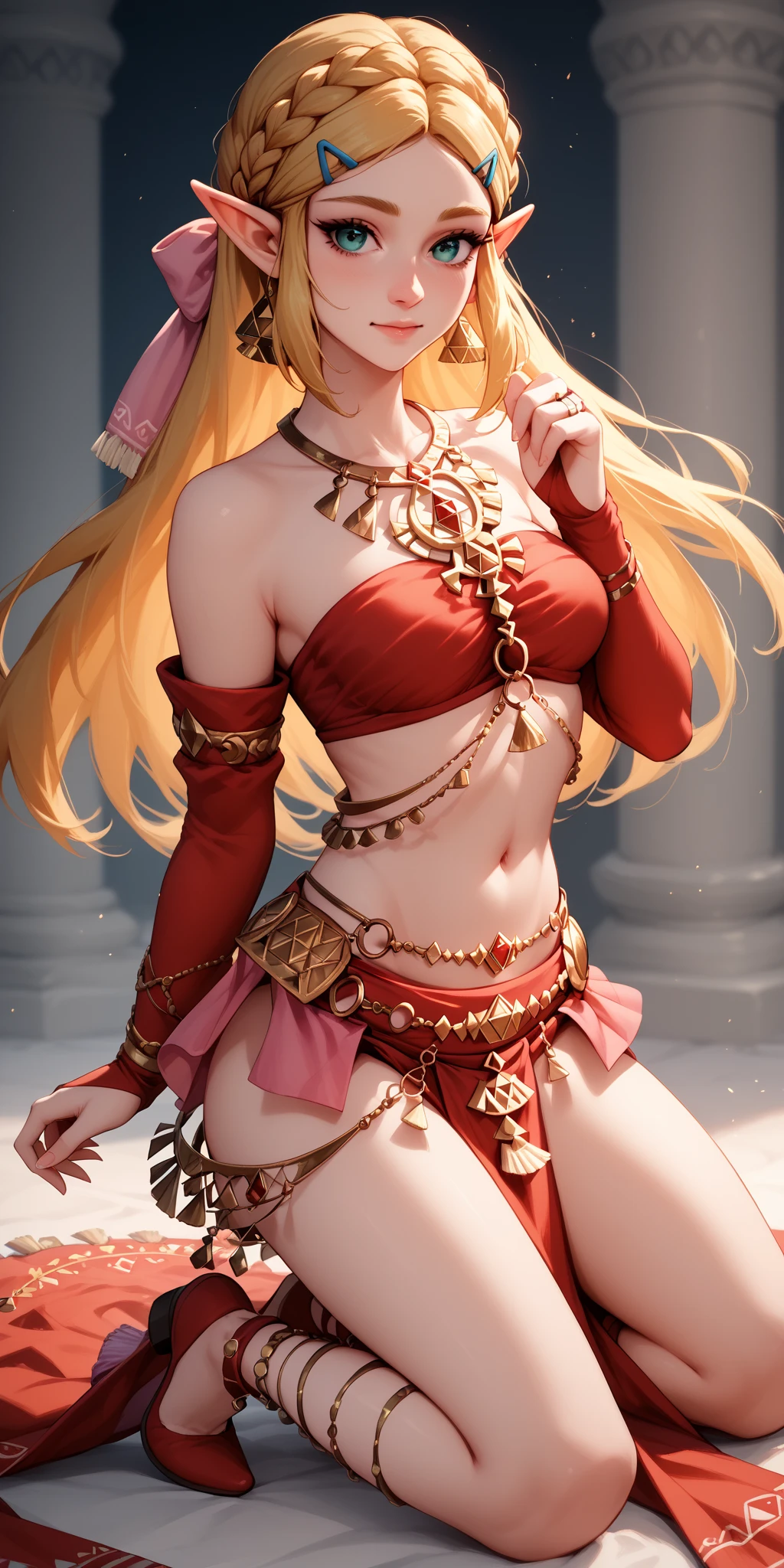 (best quality,4K,8K,High resolution,masterpiece:1.2),super detailed,actual:1.37,girl,((masterpiece)), (best quality), (Work), Art Nouveau watercolor painting , moon goddess , big breasts,robe,thong,show your neck,bare shoulders,show navel,Camel toe exposed,big eyes, long, thick eyelashes, plump lips, dark red eyes, hair long and thick, high ponytail, chubby, flowery_background, Intricate designs and patterns in the style of Alphonse Mucha.from the butt