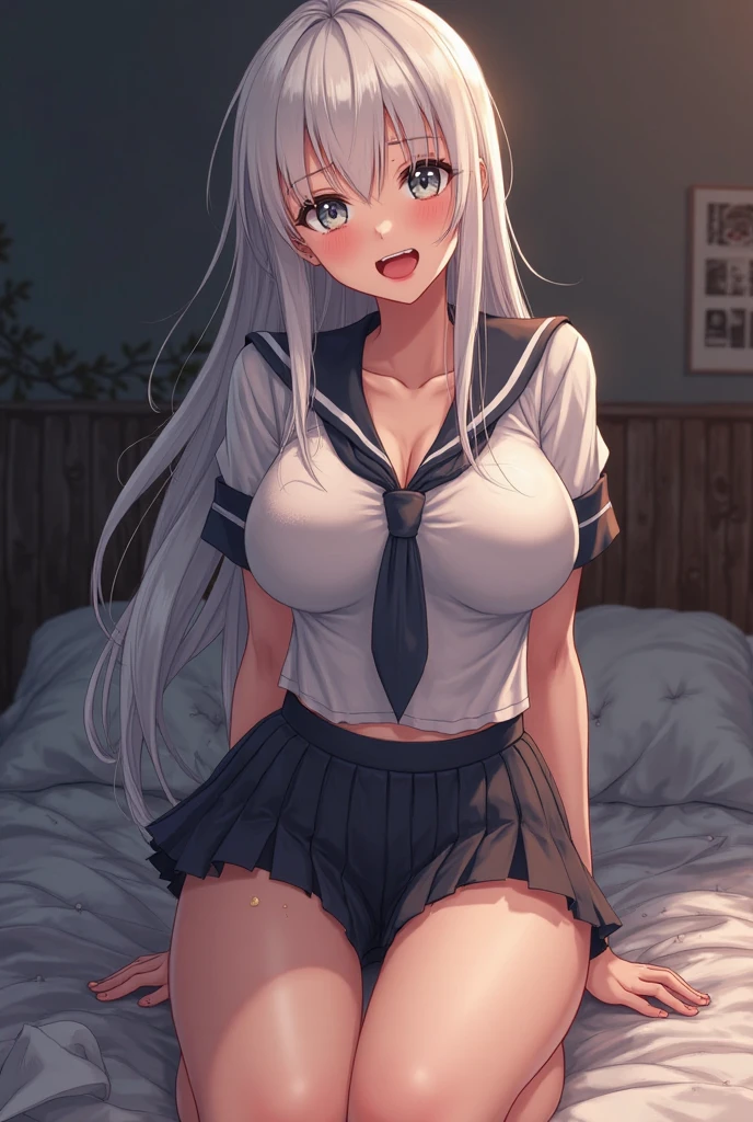highest quality:, Very detailed, up to date, Ultra-high resolution, High Contrast, masterpiece, highest quality, very aesthetics, (beautiful detailed face), (Highly detailed skin:), 1 lady, jk, thong:, (under boob:),  Crop Top white shirt, sleeveless,  Sailor  uniform only for the upper body, Red Ribbon Tie, kneeing with hands back:, spread legs,half opened mouth, smile, beautiful detailed Green eyes, bedroom,  high heeled shoes, long legs, short torso, anatomically correct, 